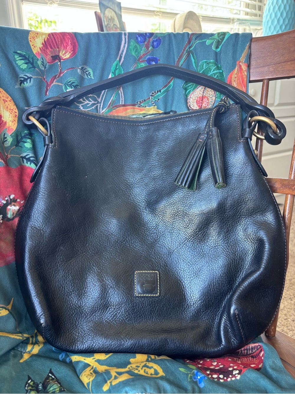 Dooney & Bourke Blk Leather Florentine Hobo Shoulder Bag w Tassels and twist
